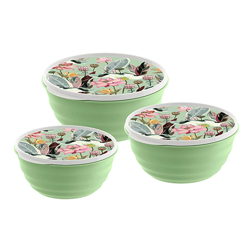 Комплект мисок Latina с крышками 3шт, 1,1л+2,1л+3,2л, с декором, зеленый, 1/10