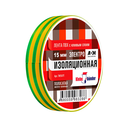 Изолента ПВХ 15мм*20м желто-зеленая Klebebander TIK507T, 8/200