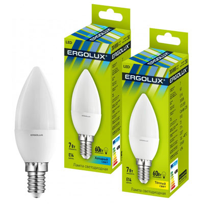Лампочка светодиодная E14 7Вт 4500K ERGOLUX LED C35 свеча холодный, 10/100